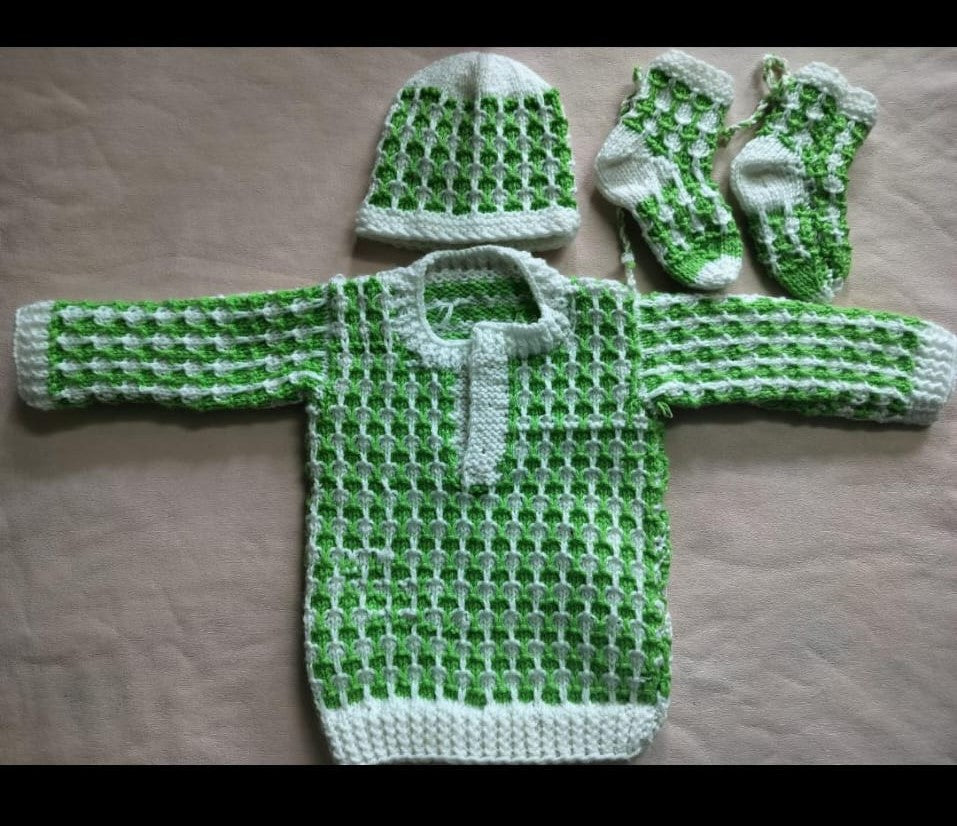 Green & White Cozy Knits: Baby Sweater and Booties Set