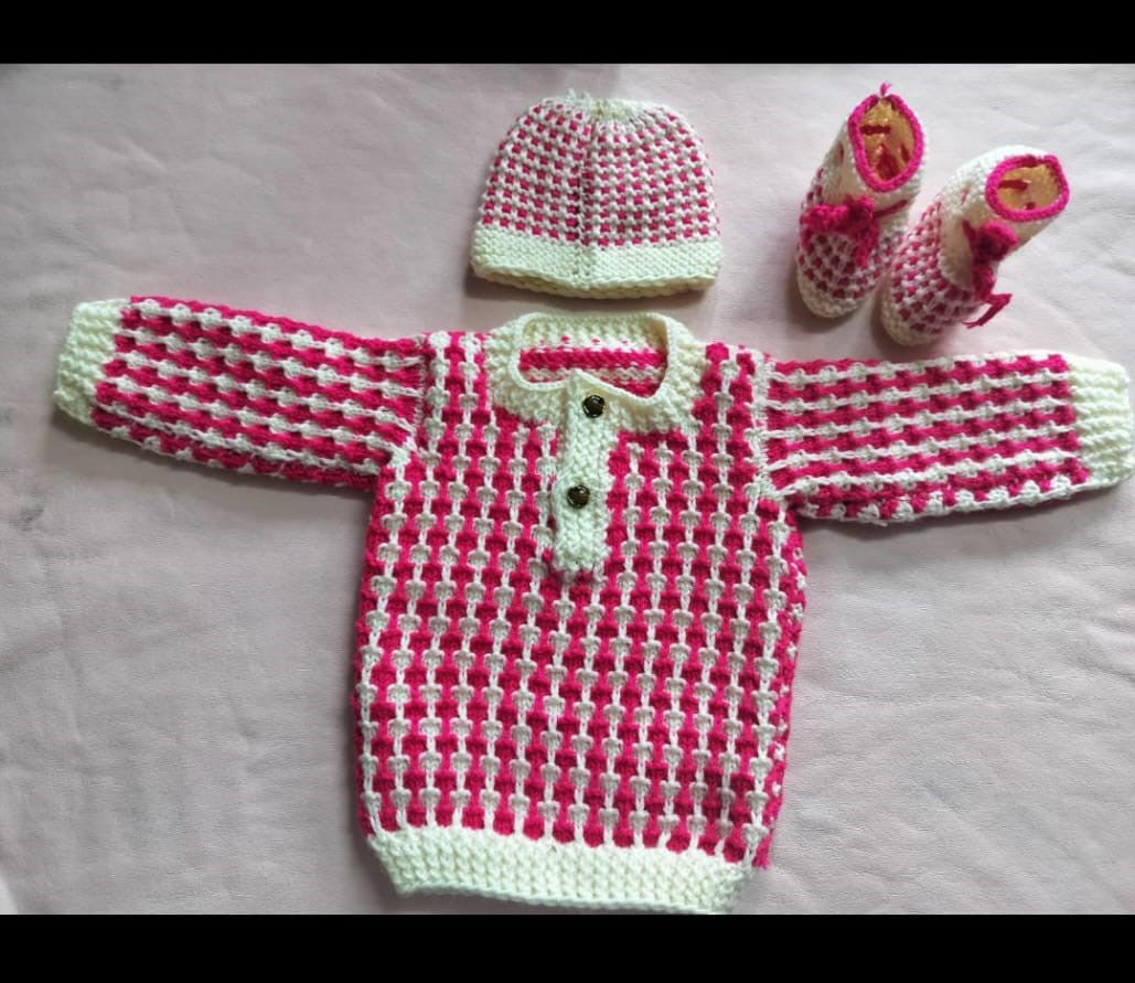 Pink & White Cozy Knits: Baby Sweater and Booties Set